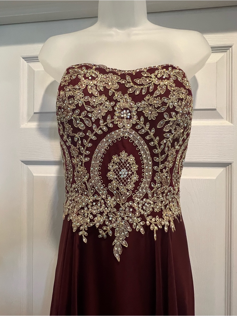 Clarisse Burgundy and Gold Strapless Prom Dress corset- back